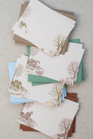 Mixed set of eight countryside seasons themed foil stamped correspondence cards with a horse in the countryside design. 