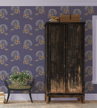 Photo of a styled hallway with horse, hare and willow patterned wallpaper, an armoire and a bench. Wallpaper by equine artist Danielle Demers.