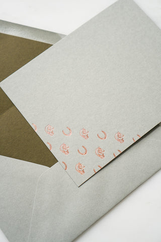 "Heirloom & Heritage" Foil Stamped Correspondence Cards in Muted Sage and Cream
