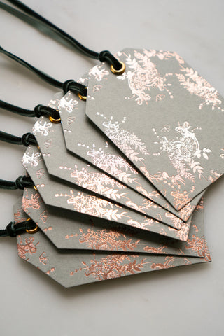 Set of 6 "Flowers & Horseshoes" Foil Stamped Gift Tags in Muted Sage and Rose Gold