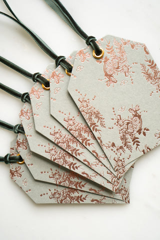 Set of 6 "Flowers & Horseshoes" Foil Stamped Gift Tags in Muted Sage and Rose Gold