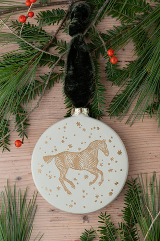 PRE-ORDER: "Snow Day" Block-Printed Horse Motif Ceramic Ornament – Candlewick & Gold with Dark Olive Ribbon