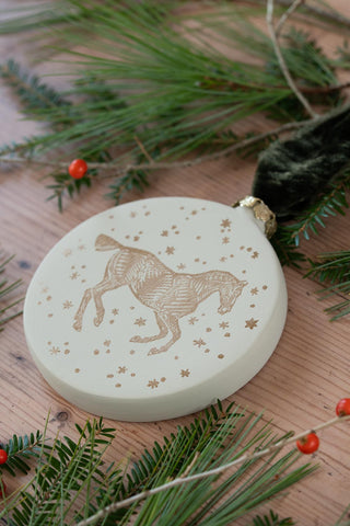 PRE-ORDER: "Snow Day" Block-Printed Horse Motif Ceramic Ornament – Candlewick & Gold with Dark Olive Ribbon