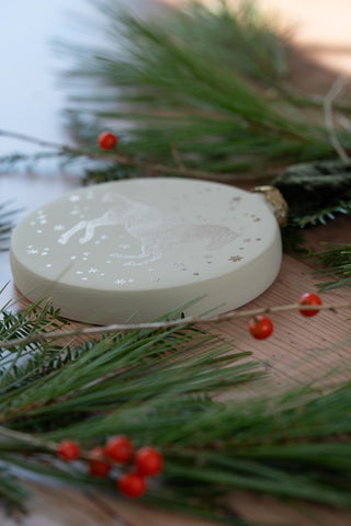 PRE-ORDER: "Snow Day" Block-Printed Horse Motif Ceramic Ornament – Candlewick & Gold with Dark Olive Ribbon