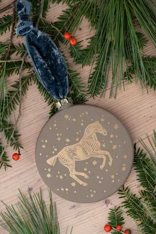 PRE-ORDER: "Snow Day" Block-Printed Horse Motif Ceramic Ornament – Moorland Taupe & Gold with French Blue Ribbon