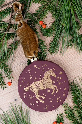 PRE-ORDER: "Snow Day" Block-Printed Horse Motif Ceramic Ornament – Mulled Wine & Gold with Bronze Ribbon