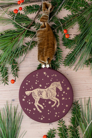 PRE-ORDER: "Snow Day" Block-Printed Horse Motif Ceramic Ornament – Mulled Wine & Gold with Bronze Ribbon