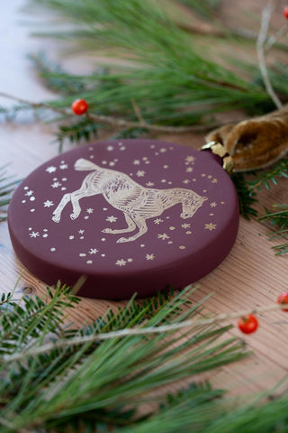 PRE-ORDER: "Snow Day" Block-Printed Horse Motif Ceramic Ornament – Mulled Wine & Gold with Bronze Ribbon