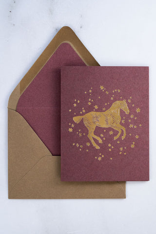"Snow Day" Horse Foil Stamped Greeting Cards in Plum and Gold