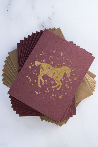"Snow Day" Horse Foil Stamped Greeting Cards in Plum and Gold