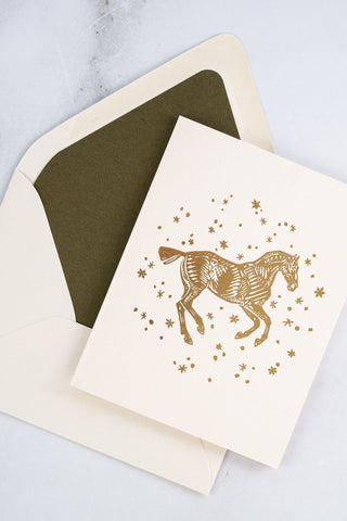 "Snow Day" Horse Foil Stamped Greeting Cards in Cream, Moss Green and Gold
