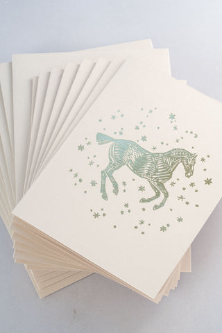 "Snow Day" Horse Foil Stamped Greeting Cards in Cream, Moss Green and Gold
