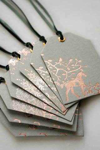 Set of 8 "Wanderlust Collection" Foil Stamped Gift Tags in Muted Sage and Rose Gold
