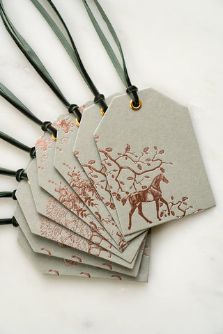 Set of 8 "Wanderlust Collection" Foil Stamped Gift Tags in Muted Sage and Rose Gold