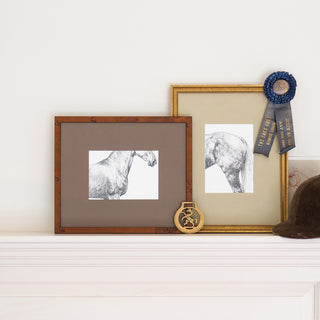 Photo of a collection of framed prints of detailed graphite drawings of horses by equine artist Danielle Demers.