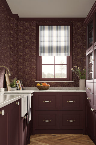 Amongst the Oaks horse motif wallpaper in the colorway "Bordeaux" in a kitchen setting. Designed by equine artist Danielle Demers.