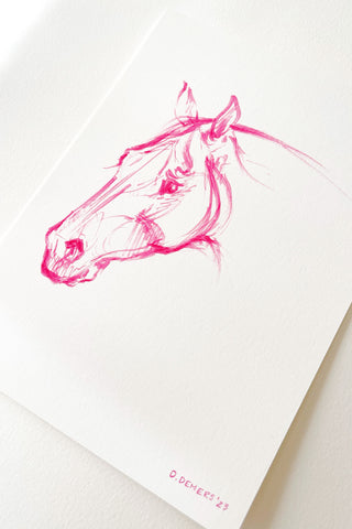 Photo of a print of a pink horse sketch by equine artist Danielle Demers