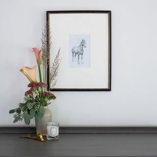 Photo of a framed original graphite drawing of a horse entitled The Proud Parade Pony by equine artist Danielle Demers