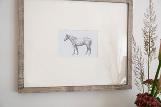 Photo of a framed original graphite drawing of a horse entitled The Ranch Horse by equine artist Danielle Demers