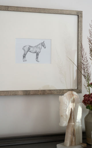 Photo of a framed original graphite drawing of a horse entitled The Bay Hunter by equine artist Danielle Demers