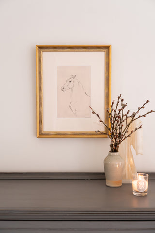 Photo of a framed original mixed media line drawing of a horse by equine artist Danielle Demers