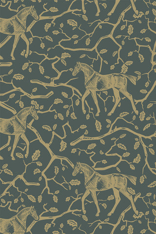 Pattern swatch of Amongst the Oaks wallpaper in the colorway "Deep Green Earth." Designed by equine artist Danielle Demers.