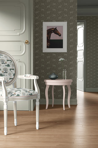 Interior hallway scene featuring Amongst the Oaks wallpaper in the colorway "Green Clay." Designed by equine artist Danielle Demers.