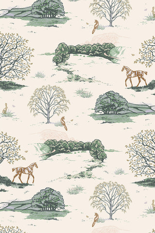 Swatch of Countryside Toile wallpaper in the colorway "Cream." Designed by equine artist Danielle Demers.