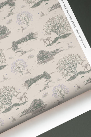 Roll of Countryside Toile wallpaper in the colorway "Warm Grey." Designed by equine artist Danielle Demers.