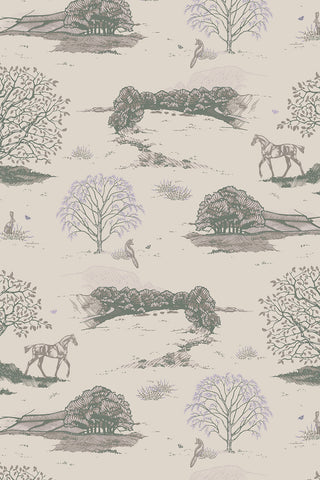 Swatch of Countryside Toile wallpaper in the colorway "Warm Grey." Designed by equine artist Danielle Demers.
