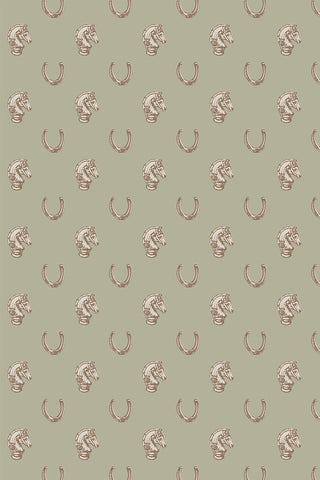 Swatch of Heirloom & Heritage wallpaper in the colorway "Green Clay." Designed by equine artist Danielle Demers.