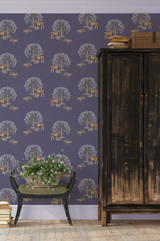 Interior hallway scene featuring Willow Shade: Horse & Hare wallpaper in the colorway "Violet Navy." Designed by equine artist Danielle Demers.
