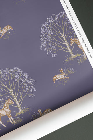 Roll of Willow Shade: Horse & Hare wallpaper in the colorway "Violet Navy." Designed by equine artist Danielle Demers.