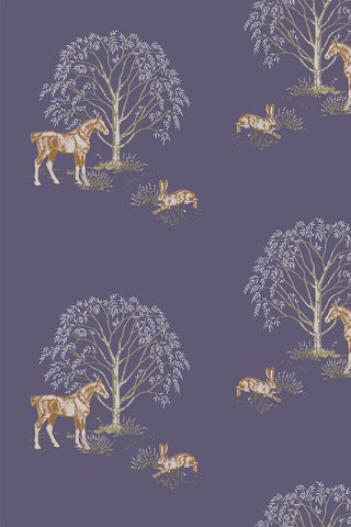 Swatch of Willow Shade: Horse & Hare wallpaper in the colorway "Violet Navy." Designed by equine artist Danielle Demers.
