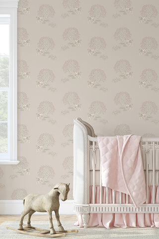 Interior nursery scene featuring Willow Shade: Horse & Hare wallpaper in the colorway "Warm Grey." Designed by equine artist Danielle Demers.