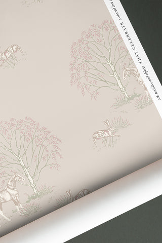 Roll of Willow Shade: Horse & Hare wallpaper in the colorway "Warm Grey." Designed by equine artist Danielle Demers.