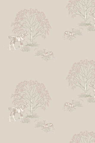 Swatch of Willow Shade: Horse & Hare wallpaper in the colorway "Warm Grey." Designed by equine artist Danielle Demers.